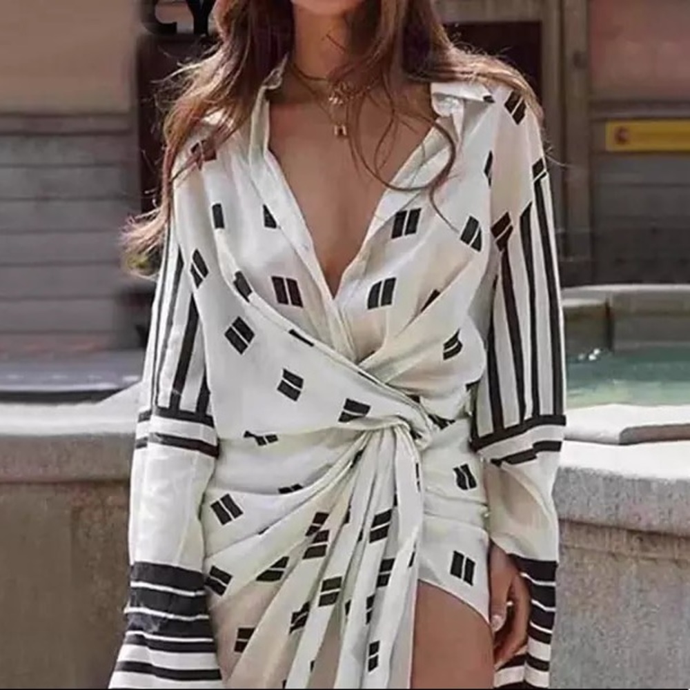 White + Black Runway Faux Wrap Stunning Asymmetrical Sash Tie Luxury Mini Dress - Picture 3 of 5